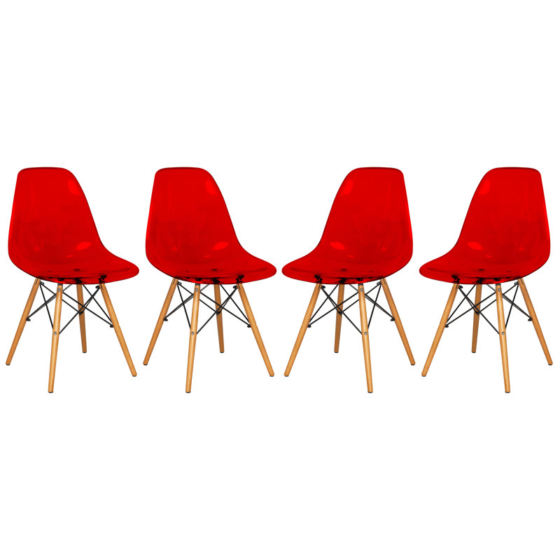 Dubuque Dining Side Chair with Metal Eiffel Base Design and Beech Wood Legs, Transparent Red, 4