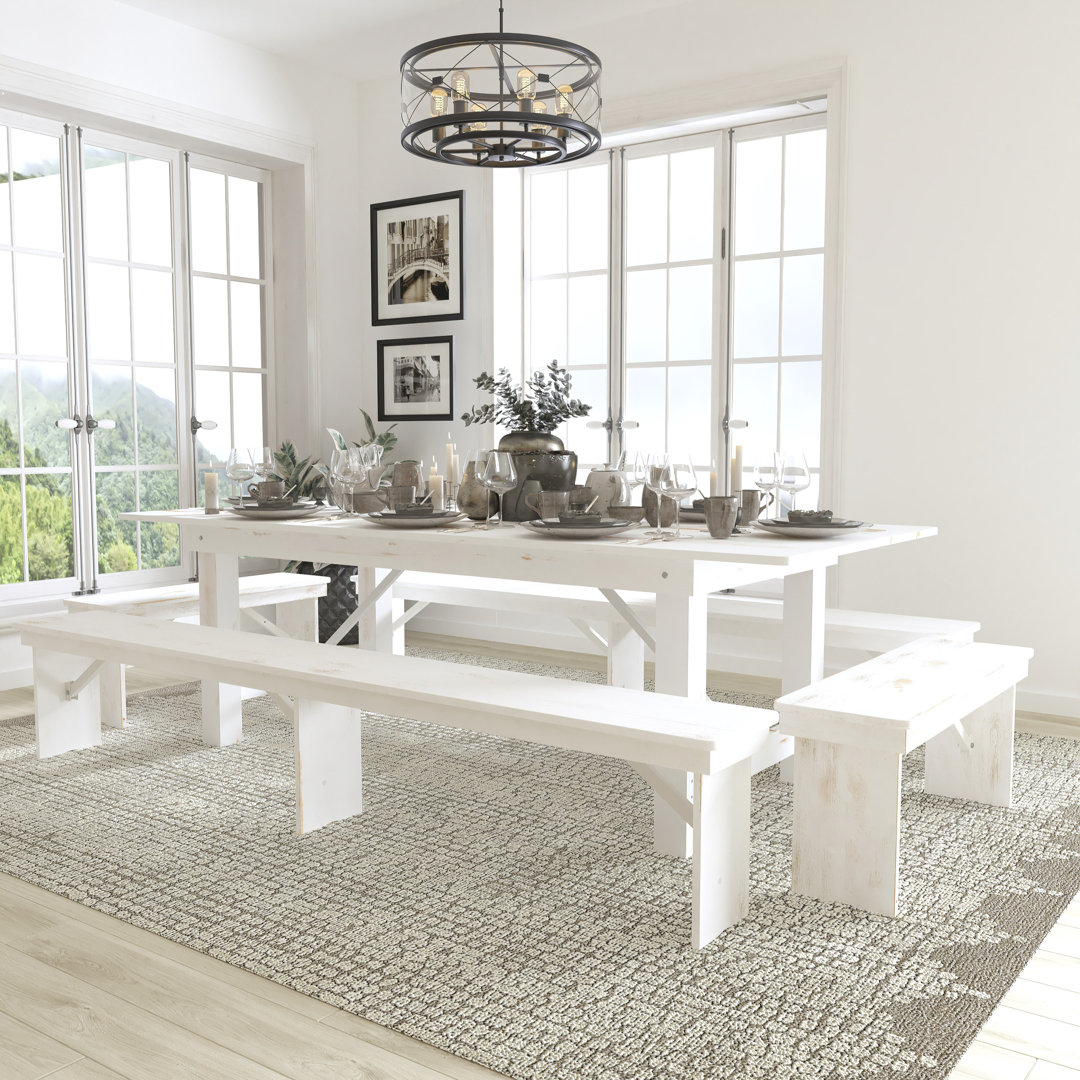 Aleksandra 8' x 40" Antique Rustic Folding Farm Table and Four Bench Set Laurel Foundry Modern Farmhouse®