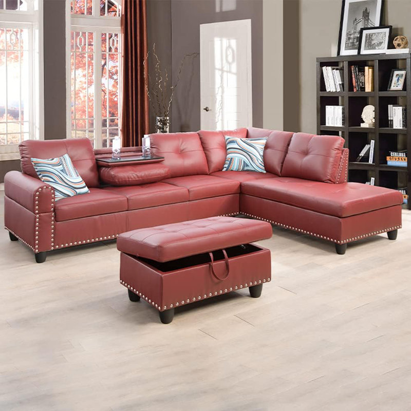 3-piece Synthetic Leather Sectional Sofa, Red Faux Leather