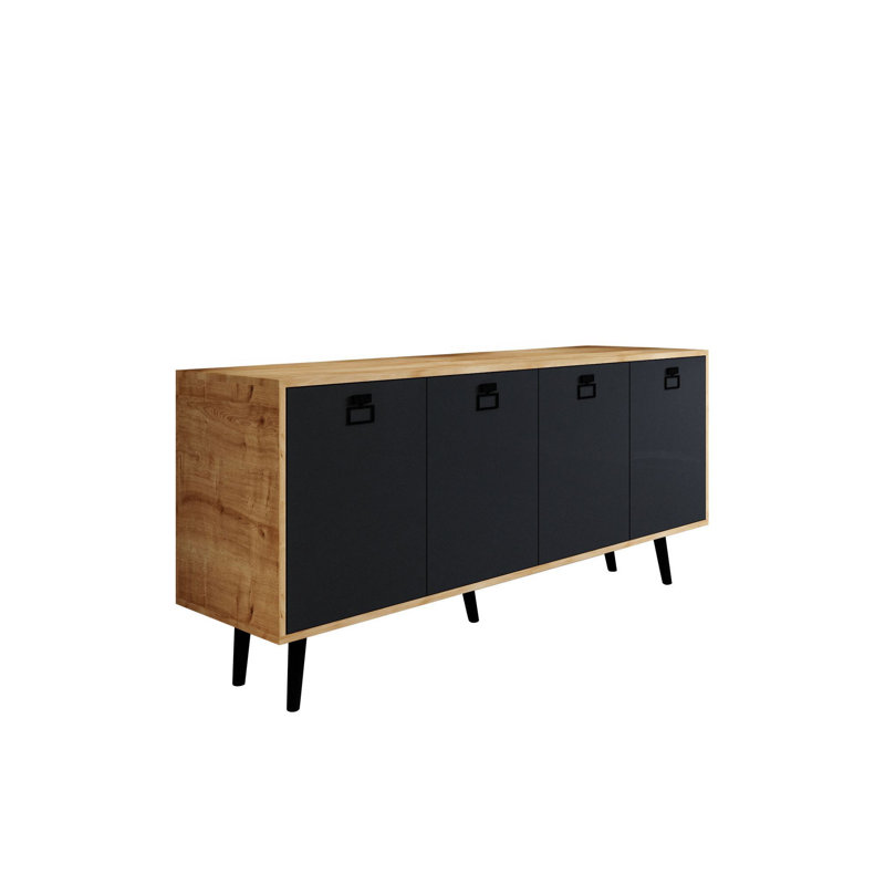Buffet 71 po de largeur Mid-Century moderne avec pieds en bois, Chêne saphir / gris anthracite