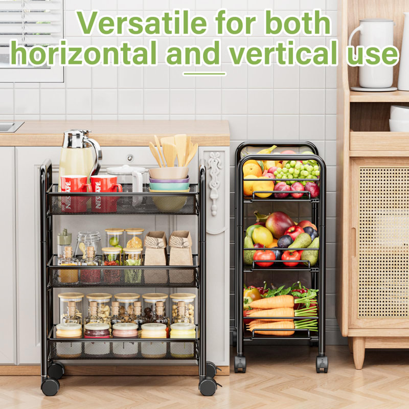 Black Metal 3-Tier Rolling Utility Storage Cart