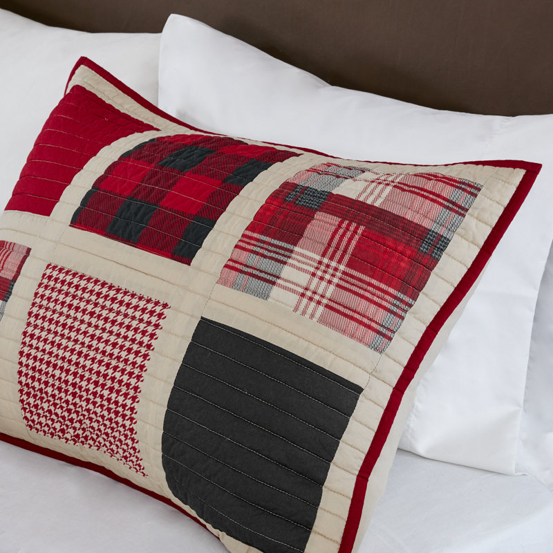 Red and Grey Cotton Plaid Reversible Full Quilt Set