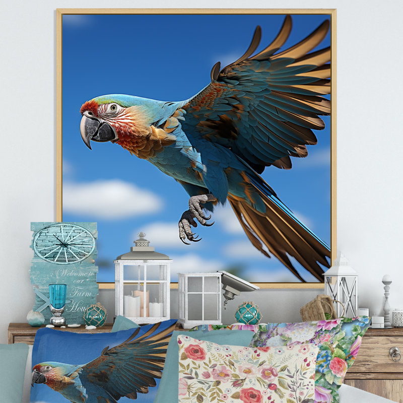Perroquets ailes de beauté I sur toile, Cadre naturel flottant, H 30 po x l 30 po