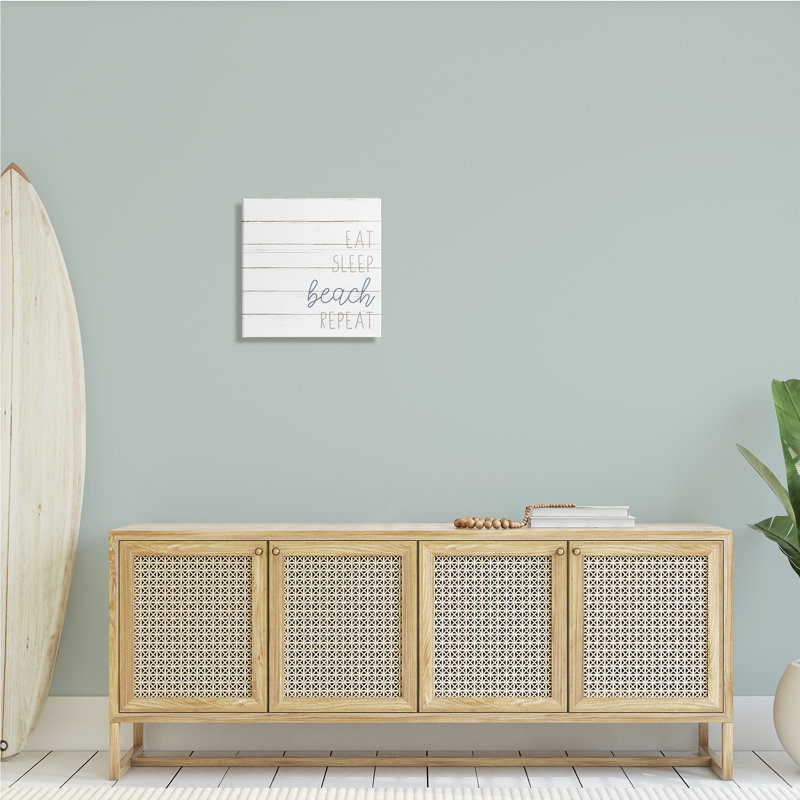 "Eat Sleep Beach", phrase répétée, planche blanche, art mural par Kim Allen, H 17 po x l 17 po x P 1,5 po, Toile tendue
