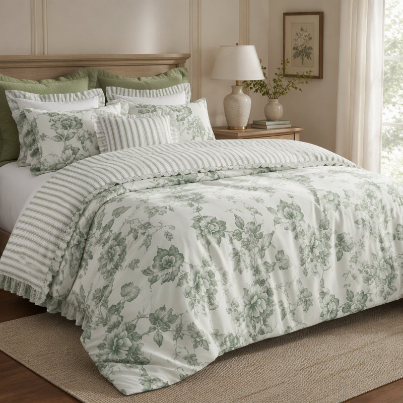 Ensemble d'édredon pour lit double / grand 5 pièces avec coussins décoratifs, vert