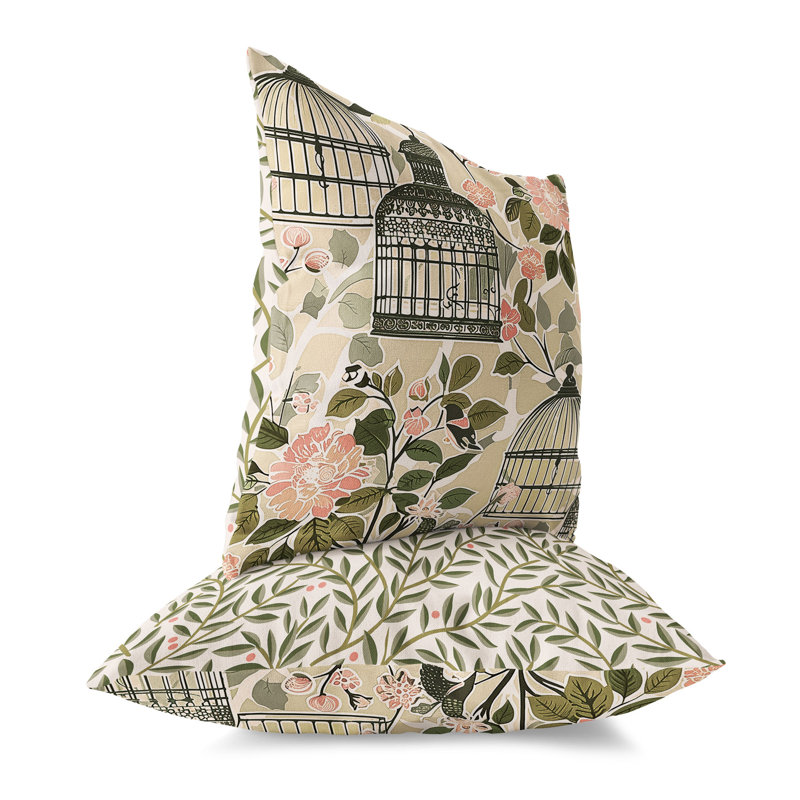Blossoming Birdhouse Indoor/Outdoor Square Throw Pillow, 20"H x 20"W, Green/Pink/Black