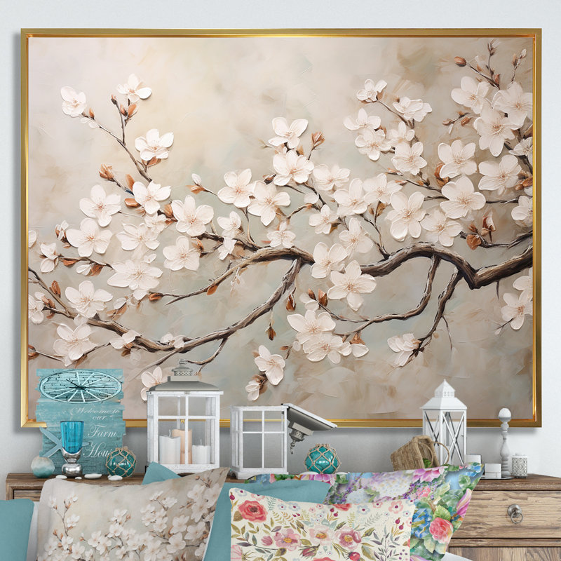 Minimalisme blanc et gris Cherry Blossom III - art mural Cherry Blossom, H 30 po x l 40 po x P 1,5 po, Cadre flottant doré