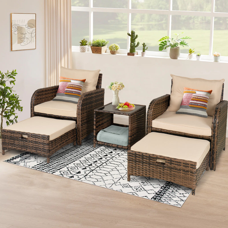 Constantino 2-Person Outdoor All-Weather Wicker Conversation Set with Ottomans and Tempered Glass Coffee Table