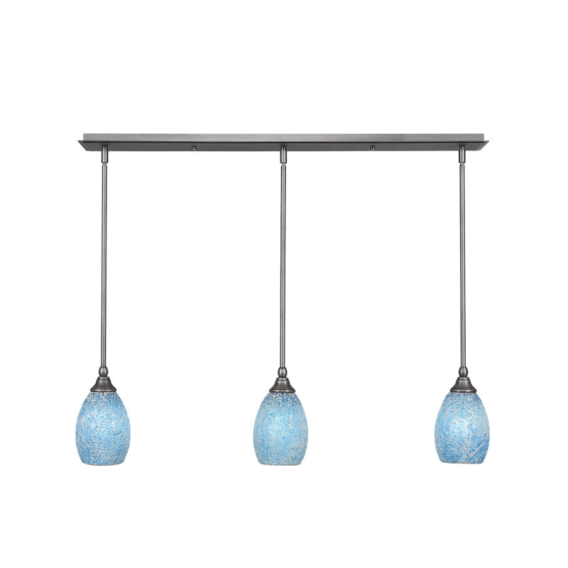 3 Light Stem Hung Linear Pendalier Shown With 5" Fusion Glass, Brushed Nickel, Turquoise