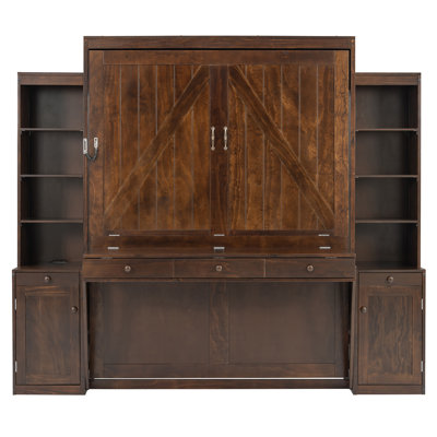 Grand lit escamotable avec bureau et armoires de rangement, lit mural en bois peu encombrant avec tiroirs, espresso
