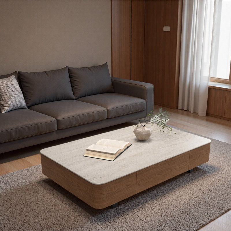 Retro Rectangular Rockboard Coffee Table, 13.8" H x 59.1" L x 31.5" W, Cream, Brown
