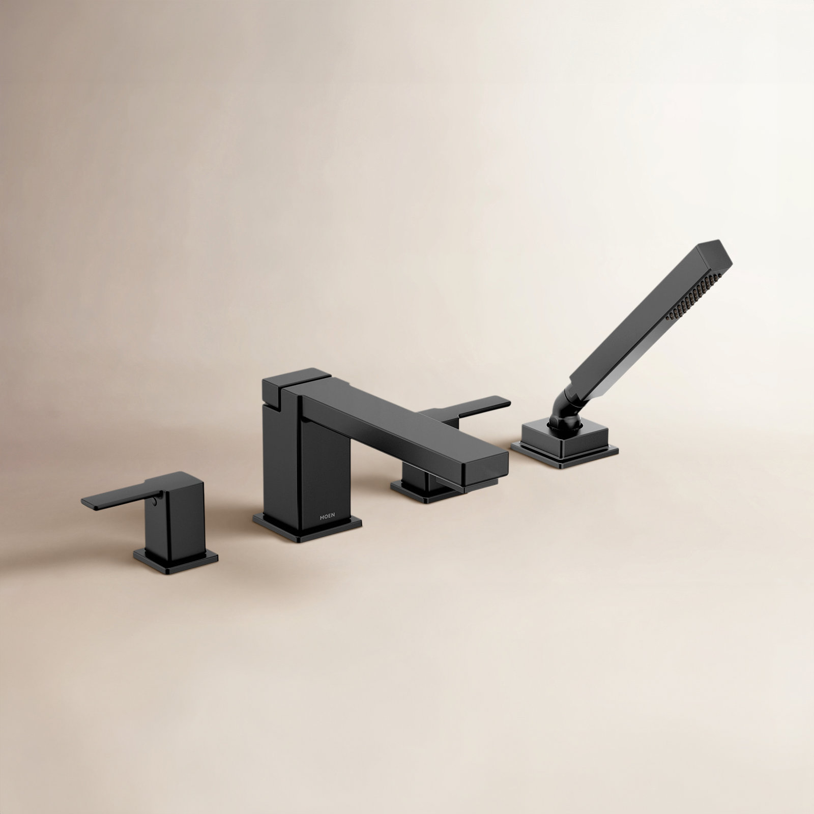 90 Degree Double Handle Deck Mounted Roman Tub Faucet Trim with Diverter and Handshower, Matte Black