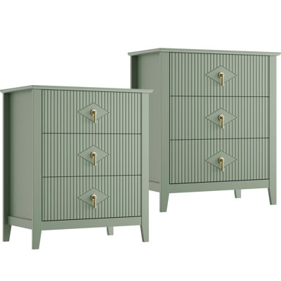 Set of 2 Modern Fluted 3-Drawer Nightstands, 27.5 Inch Wide Wooden Bedside Chest with Metal Handles, Anti-Tip Storage End Table for Bedroom, Living Room, Hallway & Small Apartment Spaces, Green