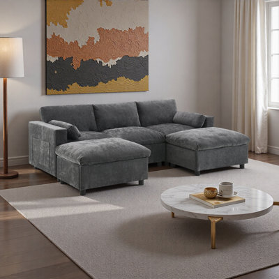 Chenille Modular Sectional Sofa With Storage Pockets, 5 Seat U Shaped Couch Set With Pillows,Free Combination,Modern Cloud Sofa With 2 Movable Ottoman For Living Room,Apartment