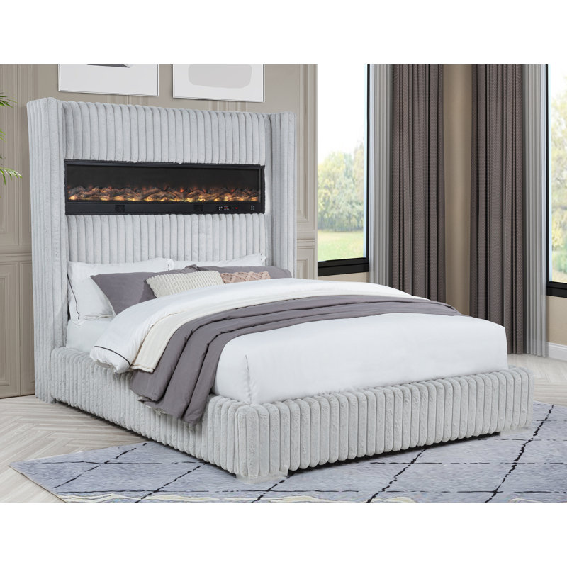Upholstered Deluxe Fireplace High Headboard Bed, King, Gray