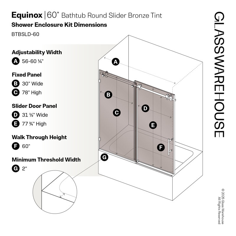 Equinox 56 - 60 in. x 60 in. Fully Frameless Bronze Tinted Sliding Bathtub Door, Brass