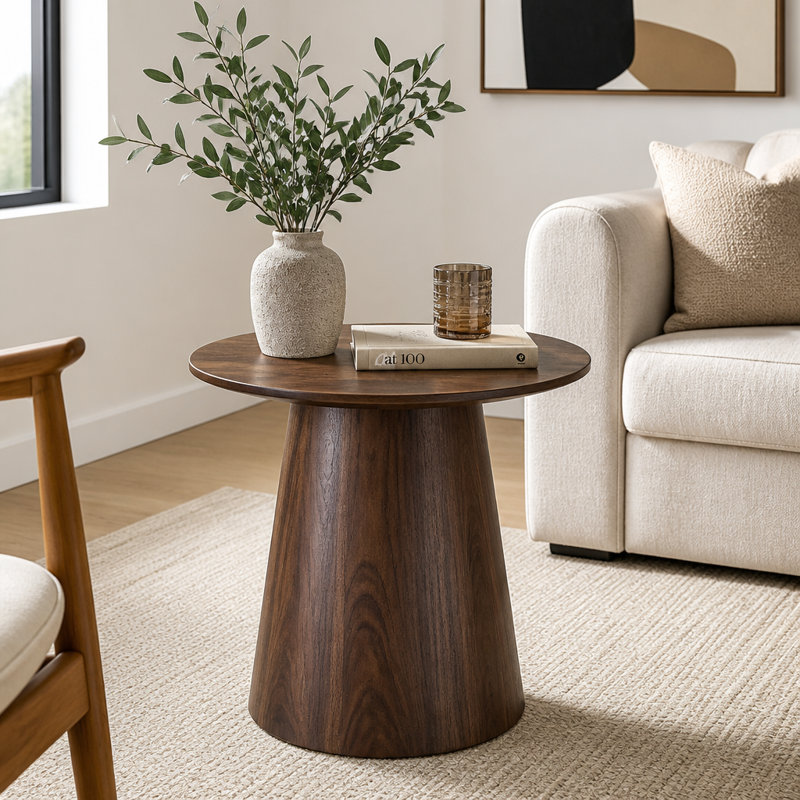 Table basse ronde avec surface en grain de bois exquis, 19.6'', Noyer