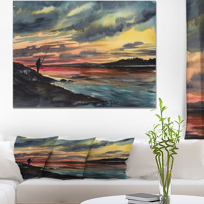 " Landscapes Fishing Man Over Sunset Sky ", 30" H x 40" W x 1.5" D, Wrapped Canvas