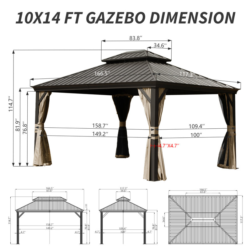 14 Ft. W x 10 Ft. D Aluminum Galvanized Steel Patio Gazebo with Double Roof