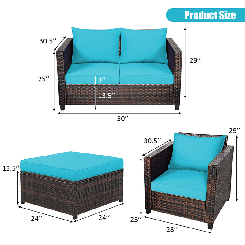 Ensemble de conversation avec canapé en rotin 5 pièces avec coussins, Turquoise