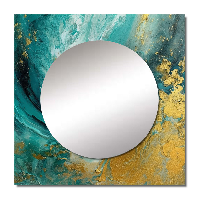 Golden Turquoise Waves Breaking Abstract III - Abstract Shapes Square Mirror Wall Decor For Bedroom, 36" x 36"