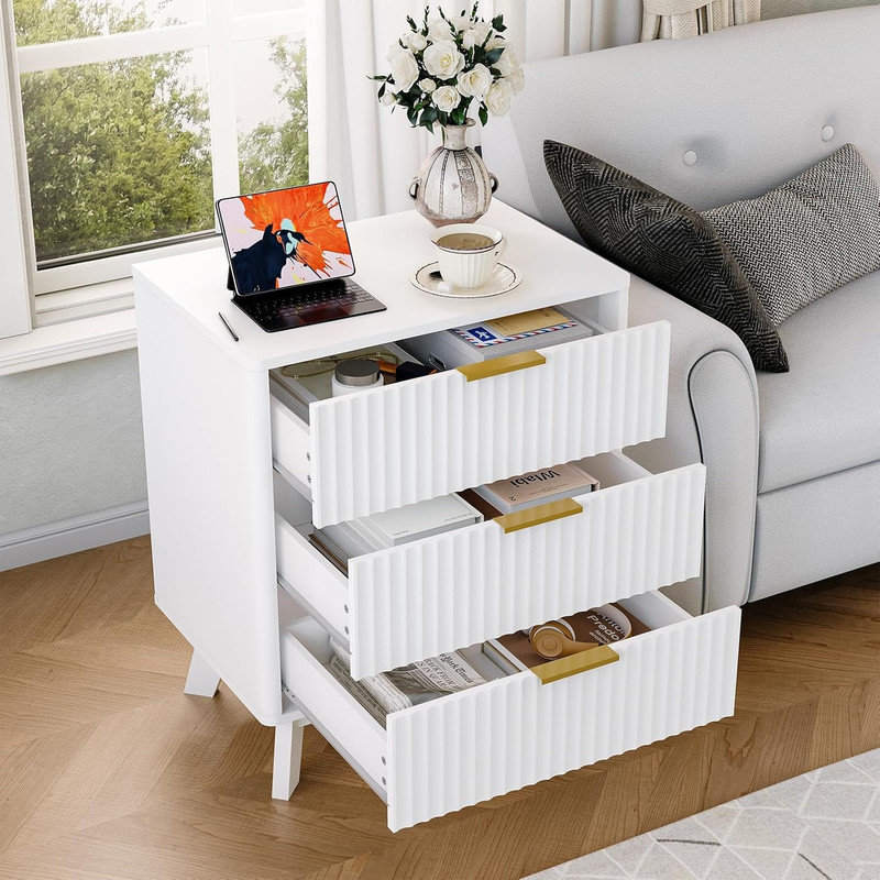 Wood Nightstand Set of 2 – 3-Drawer Fluted Bedside Tables. Value Bundle for   Bedroom, White