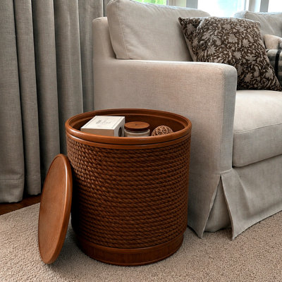 Table basse ronde en rotin avec rangement à couvercle amovible, bordure en corde de chanvre tissée à la main, style boho-chic, parfaite pour les salons confortables et les espaces compacts, bois naturel