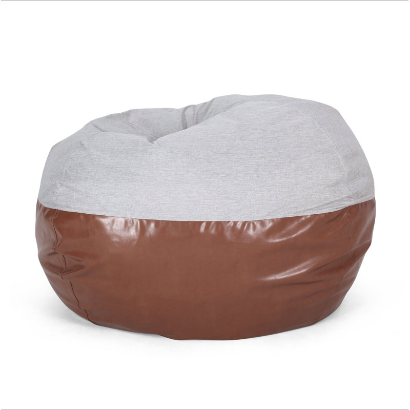 Fauteuil à billes rond Maxi en tissu bicolore et similicuir gris clair et brun café