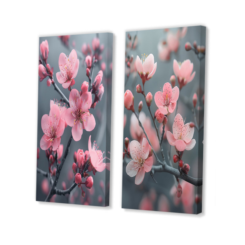 Ensemble de 2 pièces monochromes de fleurs de cerisier gris dans le vent I - Fleurs de cerisier, H 40 po x l 40 po