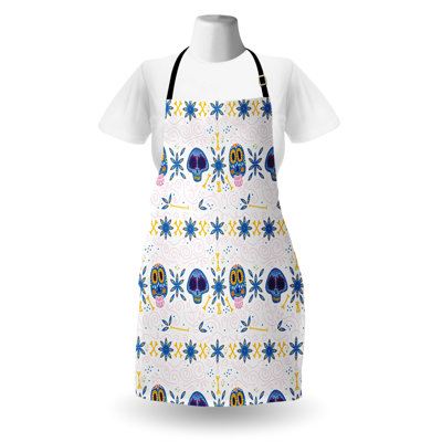East Urban Home Cinco de Mayo Apron Unisex Skulls Bones Flora Adult Size Azure Blue Multicolor