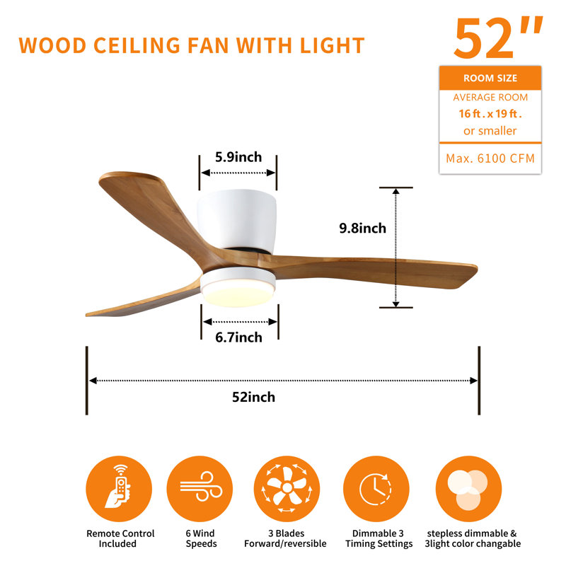 52 Inch Wood Ceiling Fans With Lights And Remote, Modern Flush Mount Low Profile Ceiling Fan With Light, 6 Speed, Reversible Dc Motor, For Bedroom/Outdoor/Farmhouse/Patios