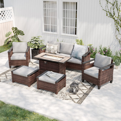 6 Piece Patio Sofa with Rectangle Fire Pit Table and Ottomans