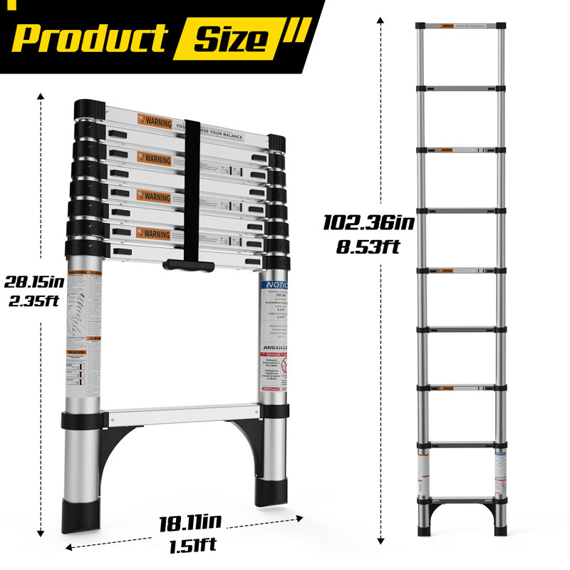 8.5 FT/2.6M Aluminum Telescoping Ladder, Lightweight Multi-Purpose Collapsible Extension Ladder, Heavy Duty 330 lbs Max Capacity