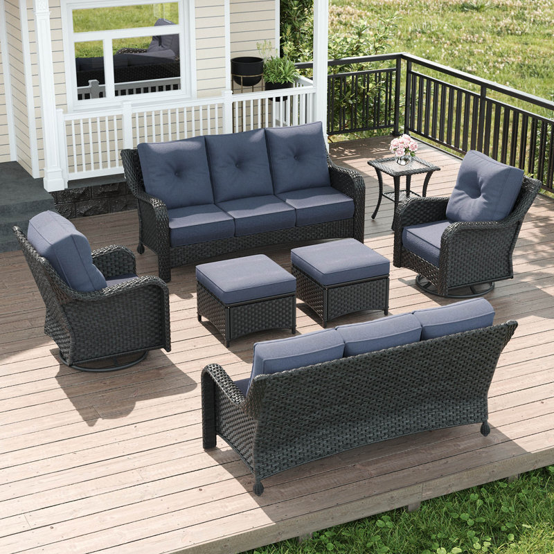  7 Piece Wicker Outdoor Furniture Set with 6-inch Comfy Cushions, High Back Patio Furniture Set with Swivel Rocking Chairs and Side Table