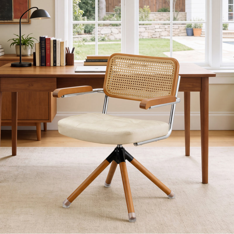 Fauteuil de bureau en cuir Bonneau, Blanc cassé