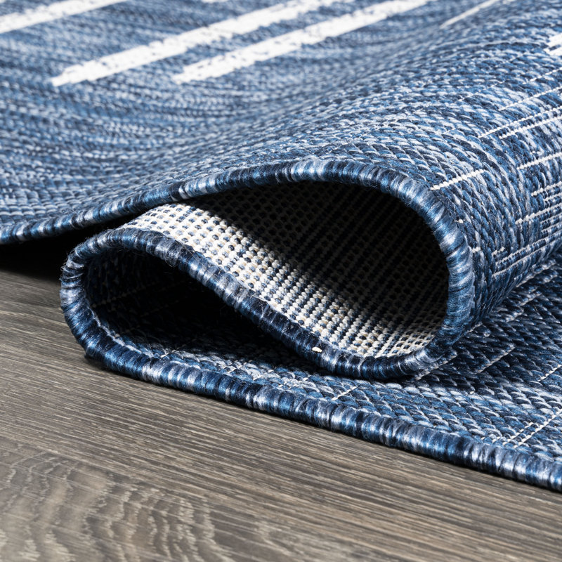 Grundy Berber Stripe Geometric Blue/Ivory Indoor/Outdoor Rug, Rectangle 3'1" x 5'