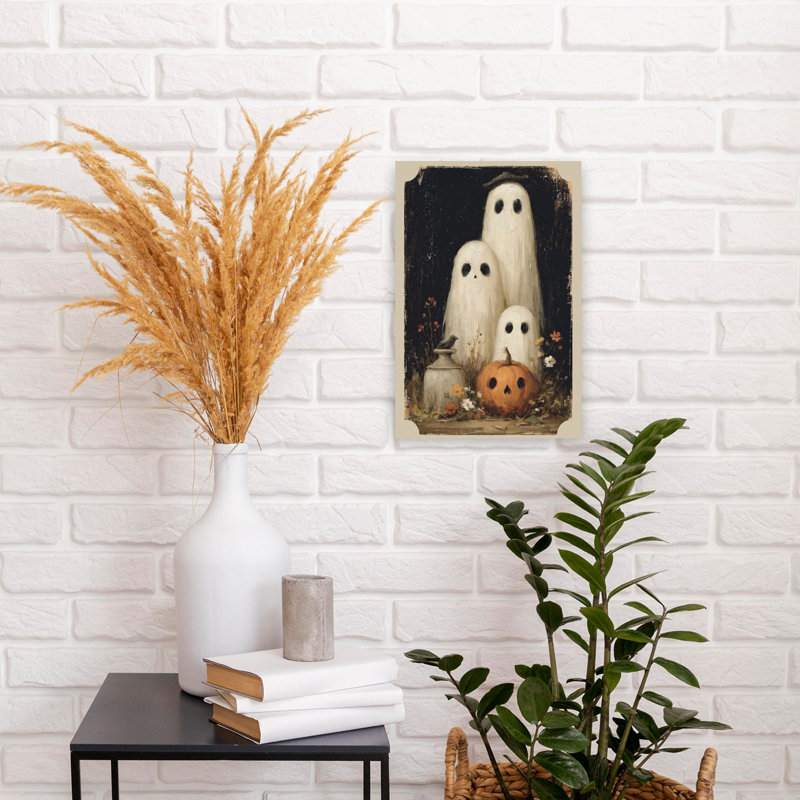 Affiche murale fantaisiste représentant une famille de fantômes rustique et vintage avec des oiseaux et des fleurs d'automne
