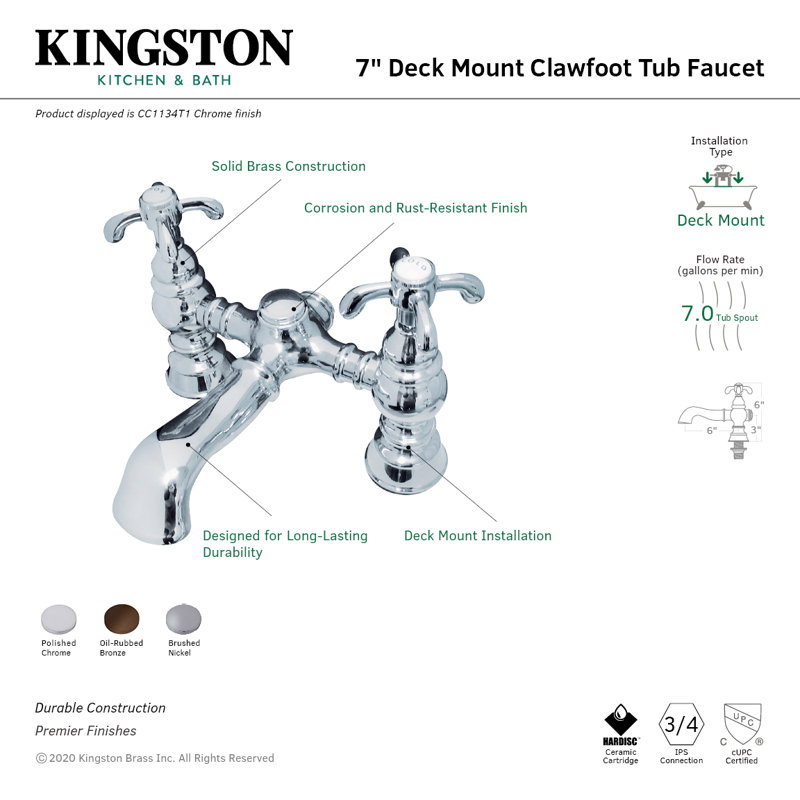 Kingston Brass Vintage Two-Handle 2-Hole Deck Mount Clawfoot Tub Faucet, Oil Rubbed Bronze