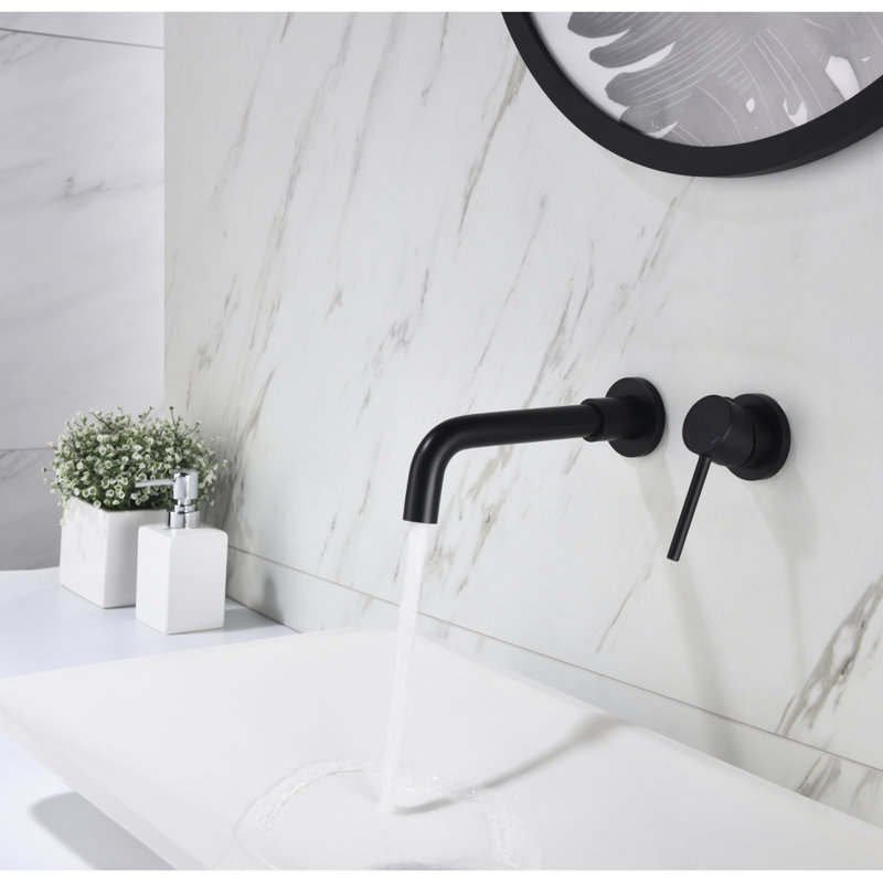 Wall Mounted Bathroom Sink Single Lever Handle Faucet With Pop-Up Drain (No Overflow), Matte Black