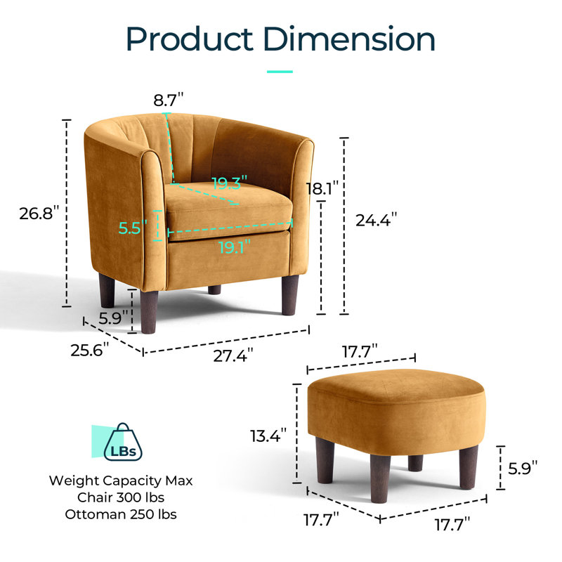 Fauteuil demi-tonneau rembourré avec repose-pieds 27,4 po Torince, H 26,8 po x l 27,4 po x P 25,6 po, Velours Capri jaune