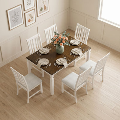 7-Piece Extendable Dining Set with Removable Leaf, Rectangular Table and 6 Upholstered Slat-Back Chairs