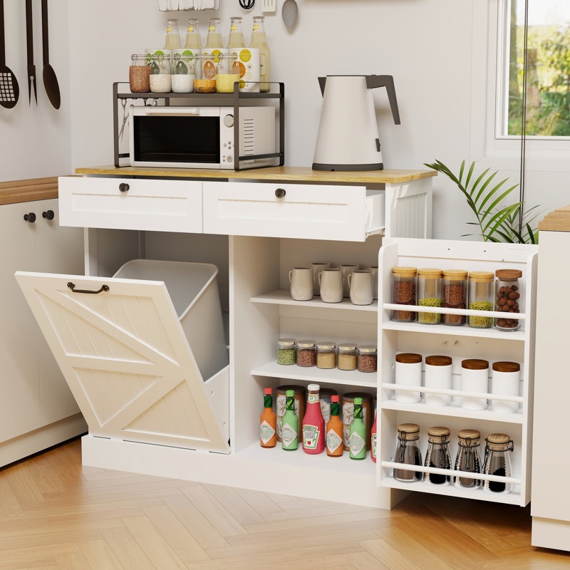 Unité de rangement pour poubelle de cuisine avec 2 tiroirs, 1 armoire inclinable et tablettes - blanc pour une fonctionnalité efficace