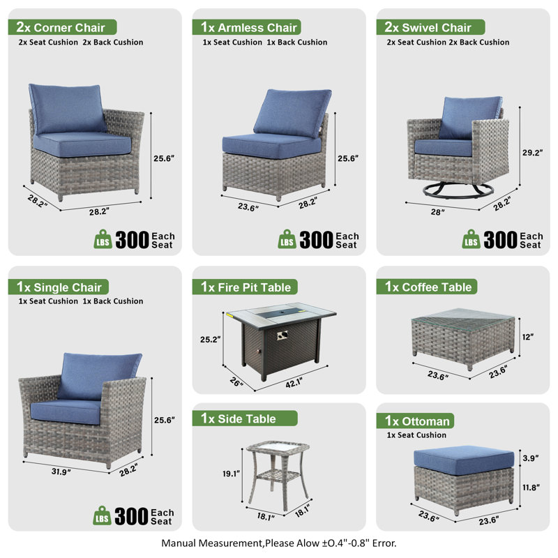 Ignatz 10 - Piece Patio Furniture Set With Cushions, Denim Blue