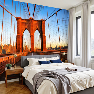 Peel and Stick Wallpaper Brooklyn Bridge Sunrise Skyline Golden Light Cityscape Wall Murals 100"H x 144"W Removable PVC Wall Paper Self-Adhesive Wall Decor for Bedroom Living Room Home Office
