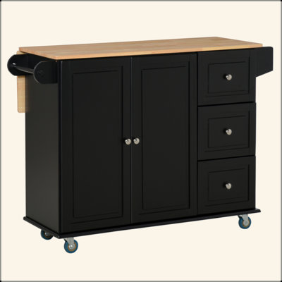 Mobile Kitchen Island With Drop Leaf, Storage Trolley Cart On Wheels, Towel/Spice Rack, 3 Drawers, 2-Door Cabinet, Black