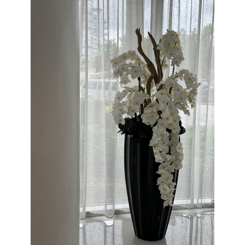 San Jose Planter In Glossy With Cascading Orchids, Black, White