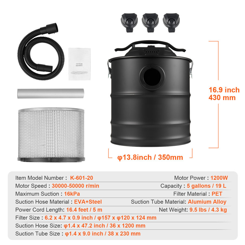 Ash Vacuum Cleaner, 5 Gallon with 1200W Powerful Suction, 16.4 ft Power Cable, 16 Kpa Max. Vacuum, Fireplace Vacuum with Reverse Suction, Pellet Stoves, Wood Stove, Log Burner, Designed for Fireplaces