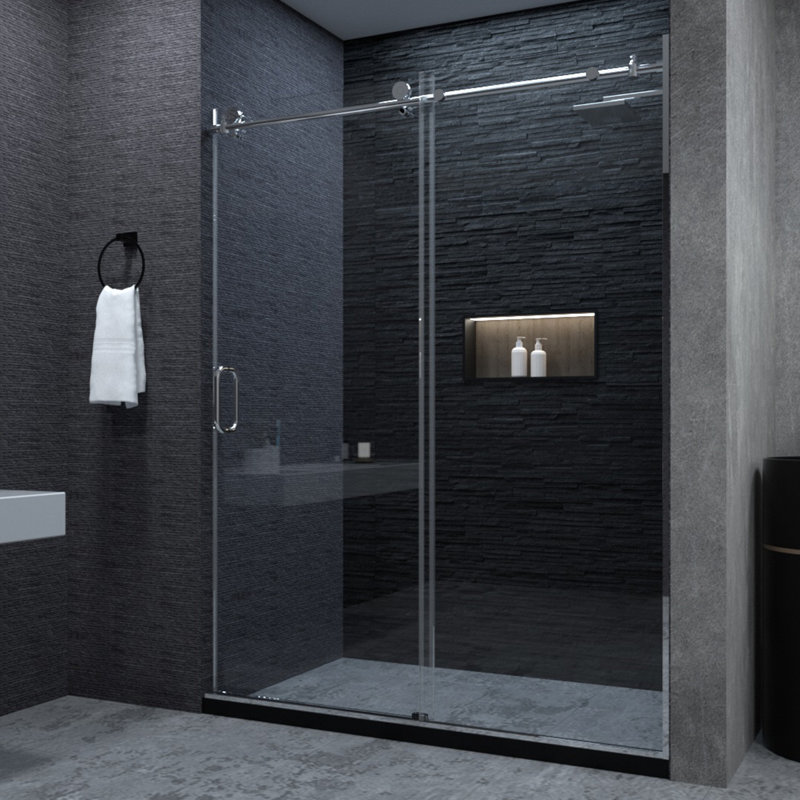 60'' Silver Semi-Frameless Sliding Shower Door with Clear Tempered Glass