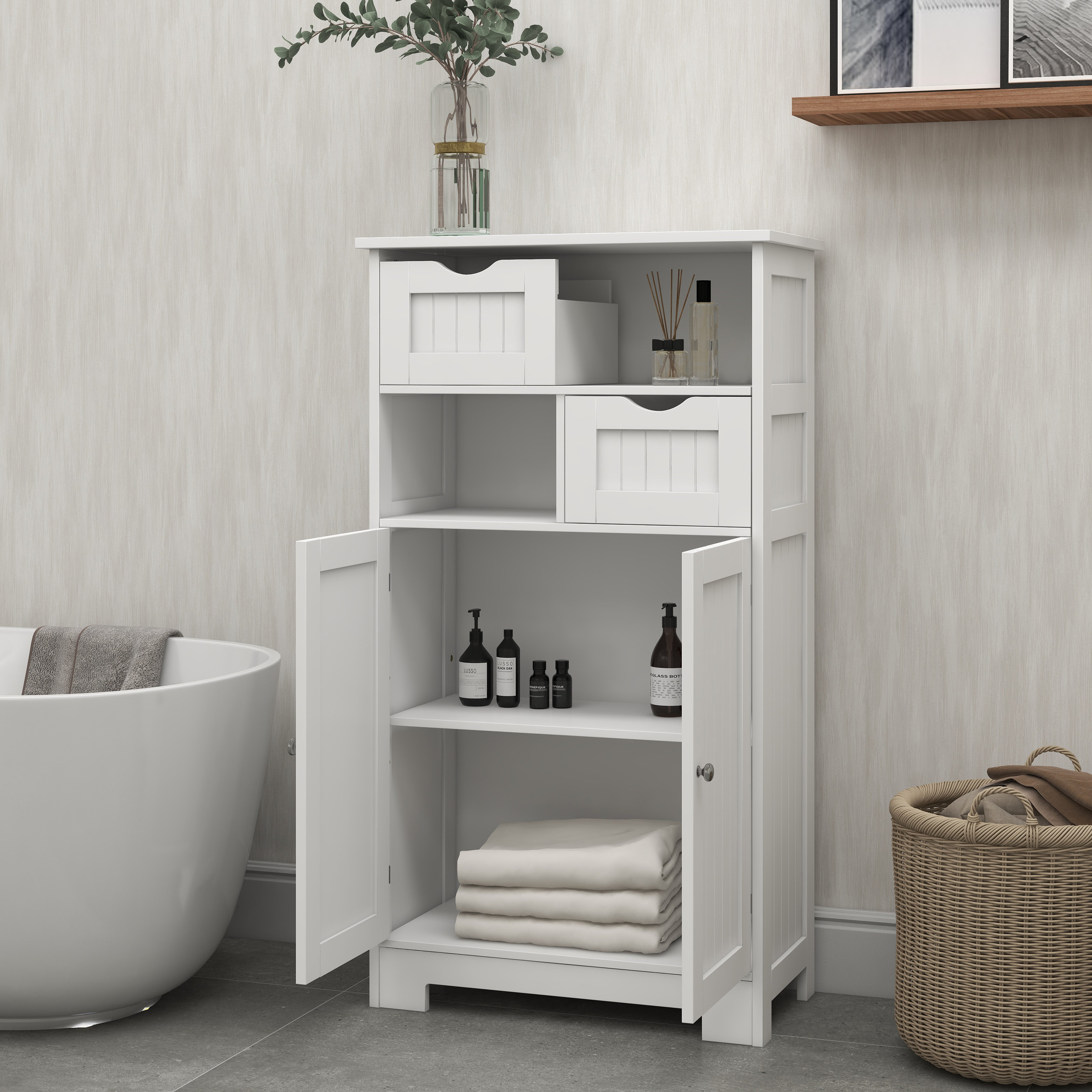 Mamme Bathroom Floor Storage Cabinet with Double Door & Shelf, Wooden Organizer Cabinet, White Red Barrel Studio