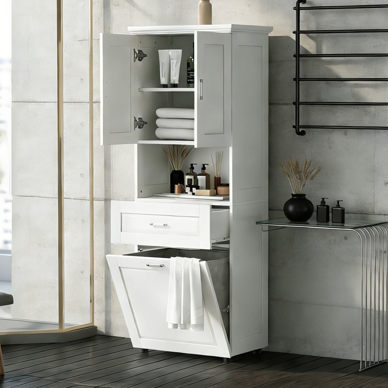 Tall Bathroom Cabinet With Integrated Laundry Basket, Spacious Tilt-Out Hamper, And Upper Storage Cabinet, White